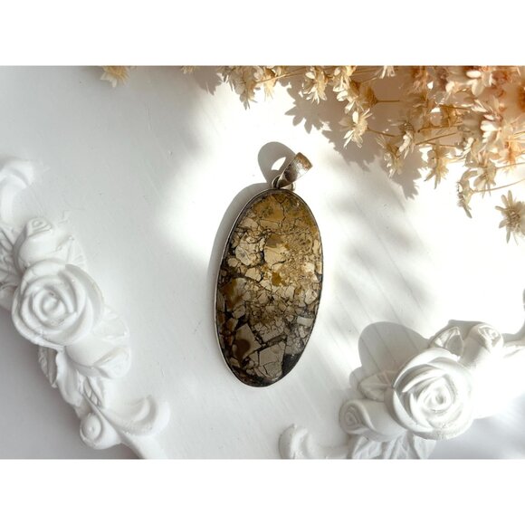 Maligano Jasper Oval Shaped Large Sterling Silver 925 Vintage Statement Pendant - Picture 2 of 10